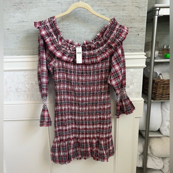 NWT new medium Anthropologie pilcro smocked red plaid mini dress ruffle tartan - Picture 3 of 17